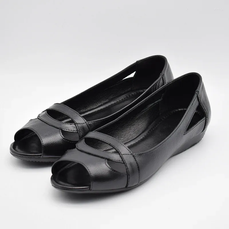 43 Sandals 42 Genuine Leather Summer Shoes Women Wedges Heel Fish Toe Causal 2023 Female Black 227