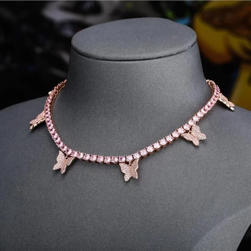 European and American hip-hop creative zircon butterfly alphabet square zirconium tennis chain necklace fashion ladies clavicle ch276I