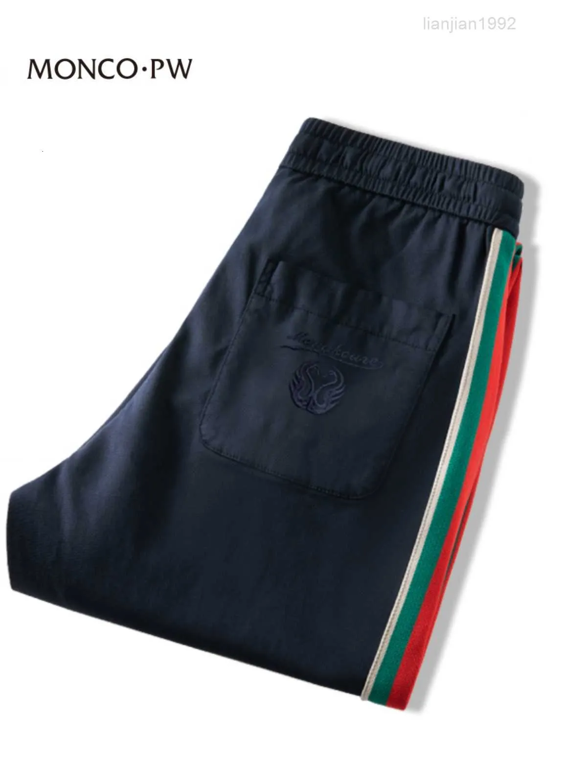 Mengkou Pantalones casuales de gama alta para hombres Slim Fit Tie Pies 2023 Nuevos pantalones deportivos de seda de algodón bordados con rayas laterales en contraste para hombres