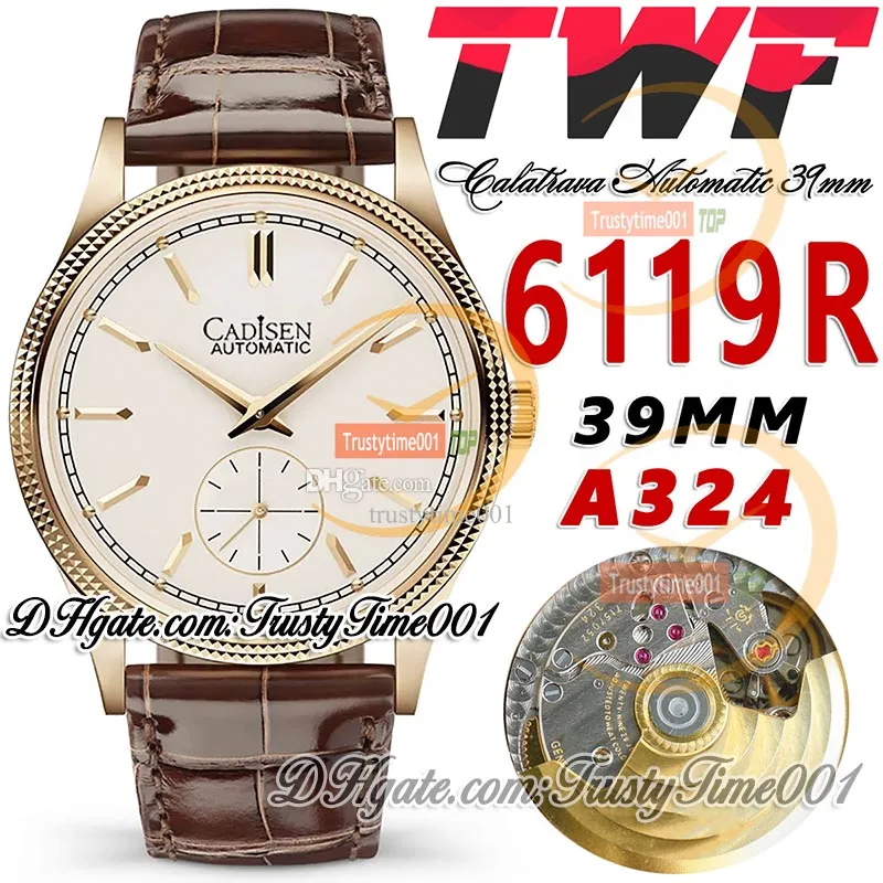 TWF Calatrava 6119R A324 Relógio automático masculino 39 mm Moldura canelada de aço branco com marcadores de bastão em ouro rosa com pulseira de couro Super Edition trustytime001Relógios