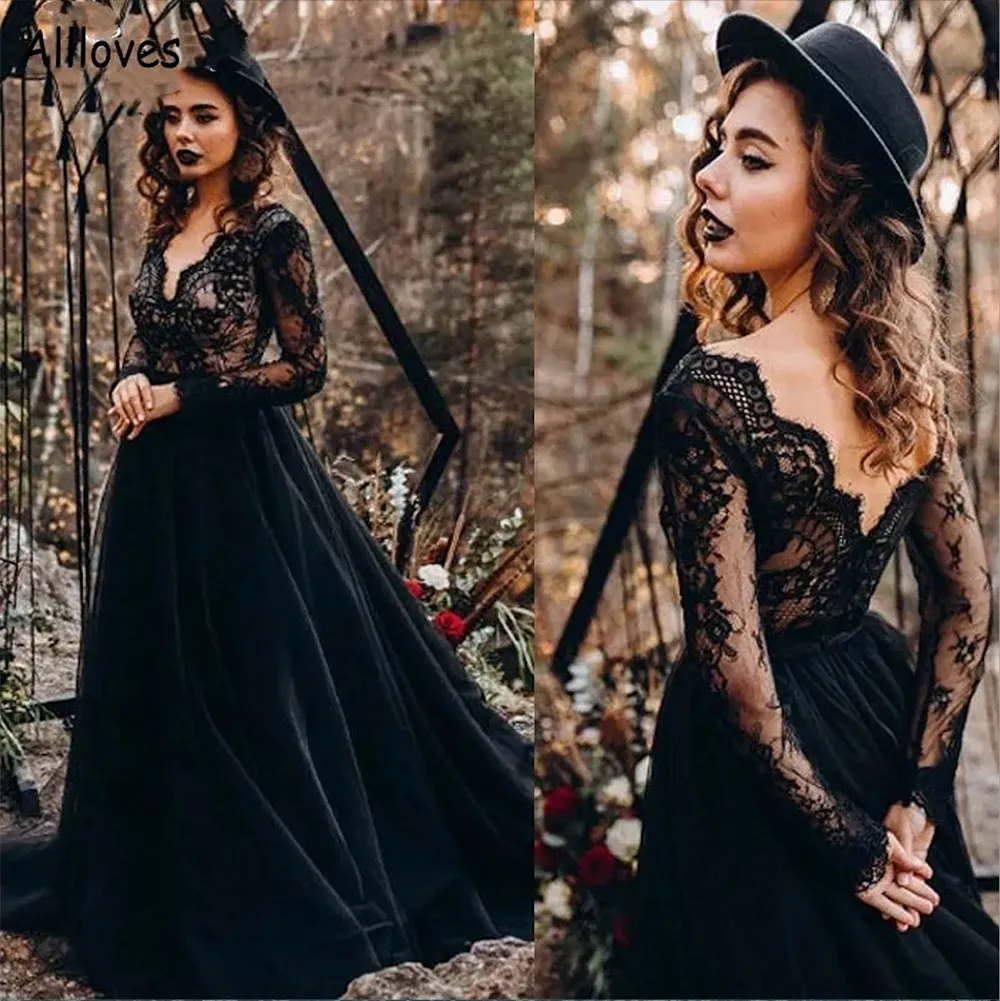 Gothic Black A Line Wedding Dresses With Long Sleeves Western Country Sexy Deep V Neck Open Back Bridal Gowns Lace Court Train Vintage Second Reception Dress