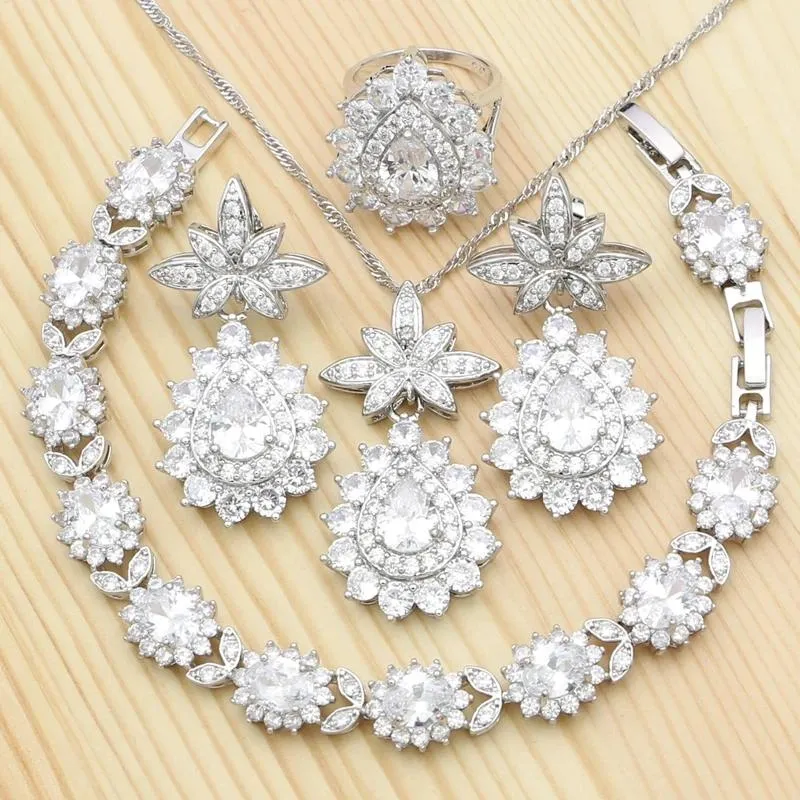 Colliers Sier définit des kits de bijoux pour la mariée zircone cubique cristal goutte d'eau bague bracelet pendentif boucles d'oreilles collier ensemble de bijoux