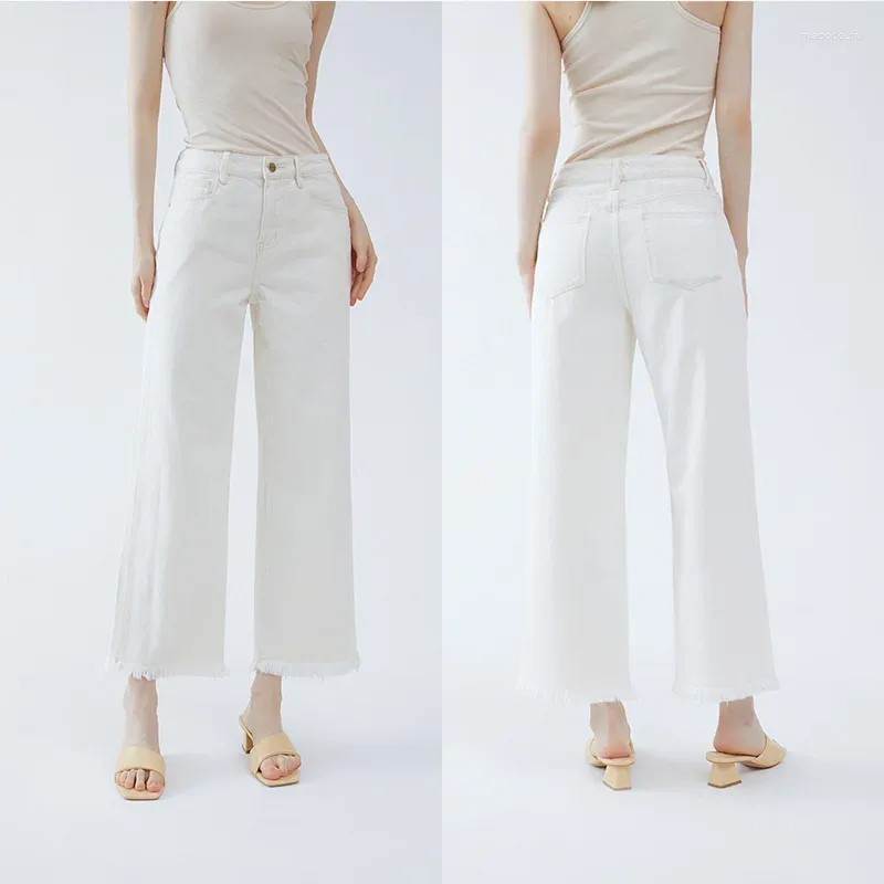 Jeans pour femmes IOO 2023 printemps et été beige pantalon droit ample mince taille haute frange neuf points qualité