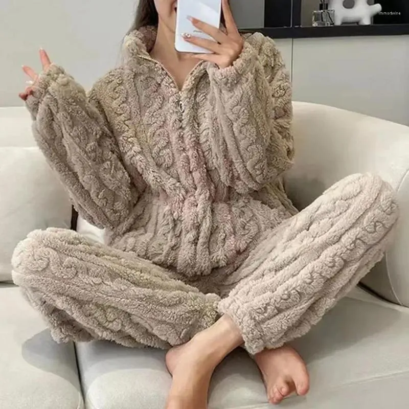 Women's Sleepwear Plush Pajama Set Cozy Winter Pajamas With Stand Collar Thick Warm Homewear Coat Trousers Solid Color Zipper Closure