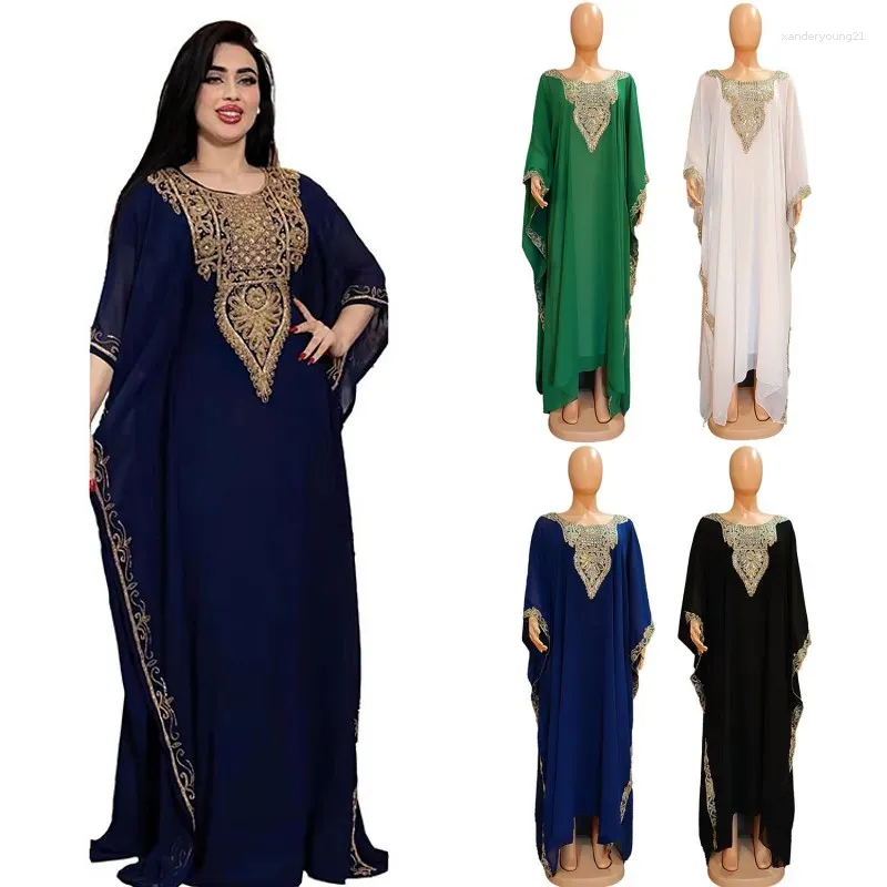 Vestuário étnico vestido mulheres muçulmano chiffon solto kaftan robe em torno do pescoço árabe burqa vestido de lantejoulas islâmicas