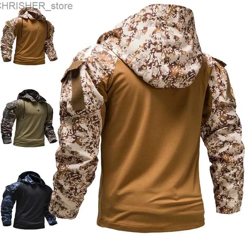 Vestes tactiques Nouveaux hommes militaire Camouflage tactique à manches longues T-shirt mode à capuche Camouflage à manches longues Sweatershirt EU taille L231218