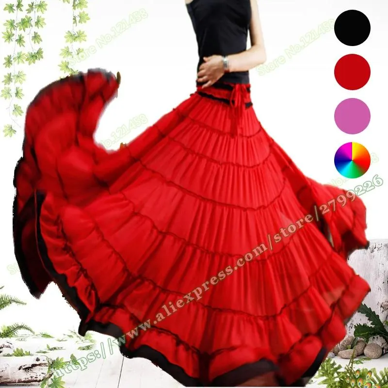 Abiti Donna Elegante 6xl 7xl Chiffon rosso Tulle Pieghettato Gypsy Boho Spagna Gonna lunga Taglie forti Estate Danza Avvolgente Gonne da donna Donna