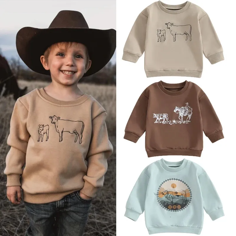 Pullover Focusnorm 0 4y Autumn Infant Baby Boys Girls Western T Shirts Cow Cattle Print Lång ärm Sweatshirt Tops 231218