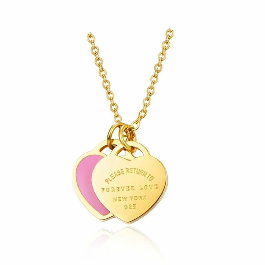 2020 jingyang 316l aço inoxidável ouro-cor rosa verde duplo coração pingente link corrente colar moda jóias para mulher p2307j