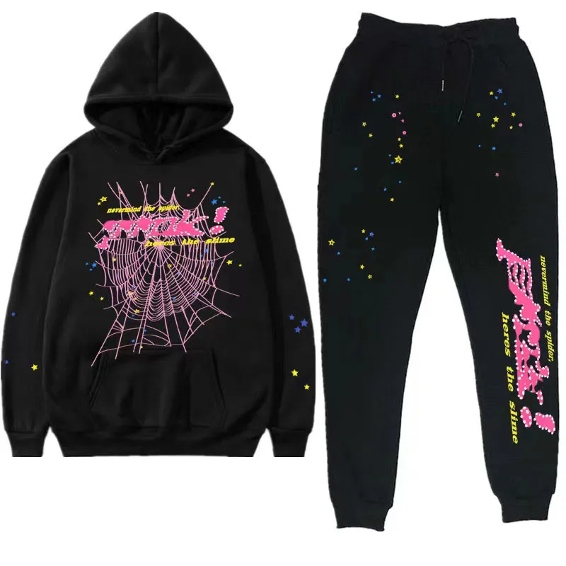 Hoodies Designer Sp5der Hoodie Mens 5555555 Pink Sweatshirt عالية الجودة للنساء للركض أربعة سروال سراويل Spider Web Graphic Hop Hoodie Set TrackSuit