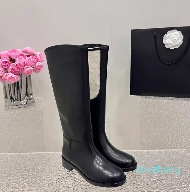 Black Leather knee high boots Round toe cowboy Chelsea Booties Top quality women's luxury designer Casual Fashion shoes factory footwear