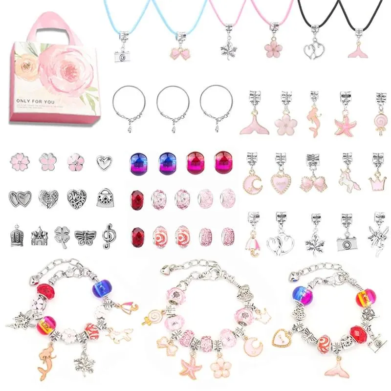 Kits de pulseiras de desenho animado para crianças, faça você mesmo, pulseiras, colares, kit de fabricação de joias com caixa de presente rosa para meninas, mulheres, presente de natal