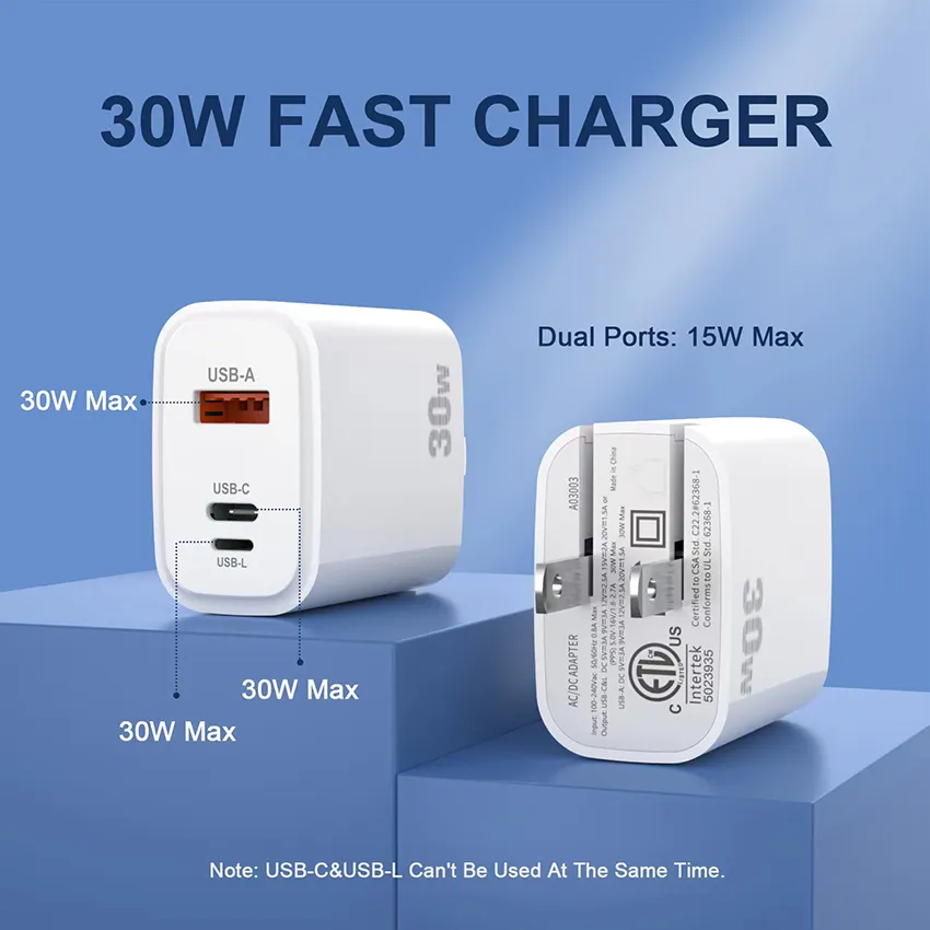 Mobile Phone Fast Charger Reverse Fast Charging PD 30W 3 Ports Wall Travel Home USB-A USB-C USB-L Quick Charge Foldable Charging Head Power Adapte With Retail box