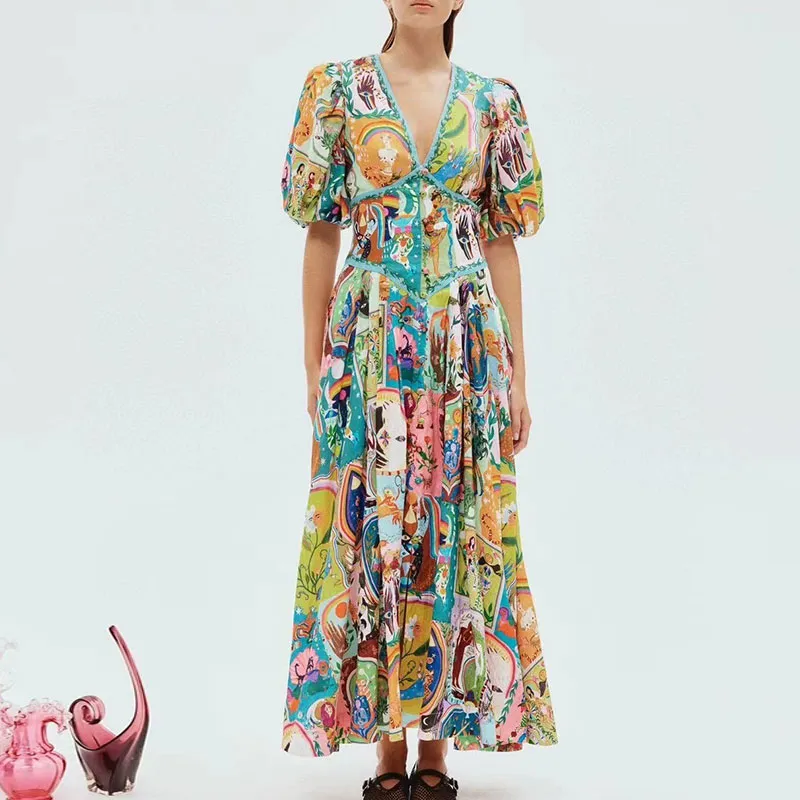 Australian design dress, casual and elegant linen print V-neck bubble sleeve large hem long dress