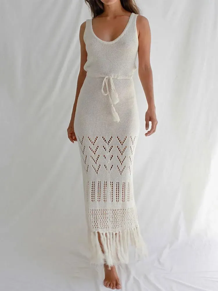 Dresses Long White Crochet Tunic Sexy Straped Hollow Out Fringed Maxi Dress Summer Clothes Women Beach Wear Swim Suit Cover Up A1190