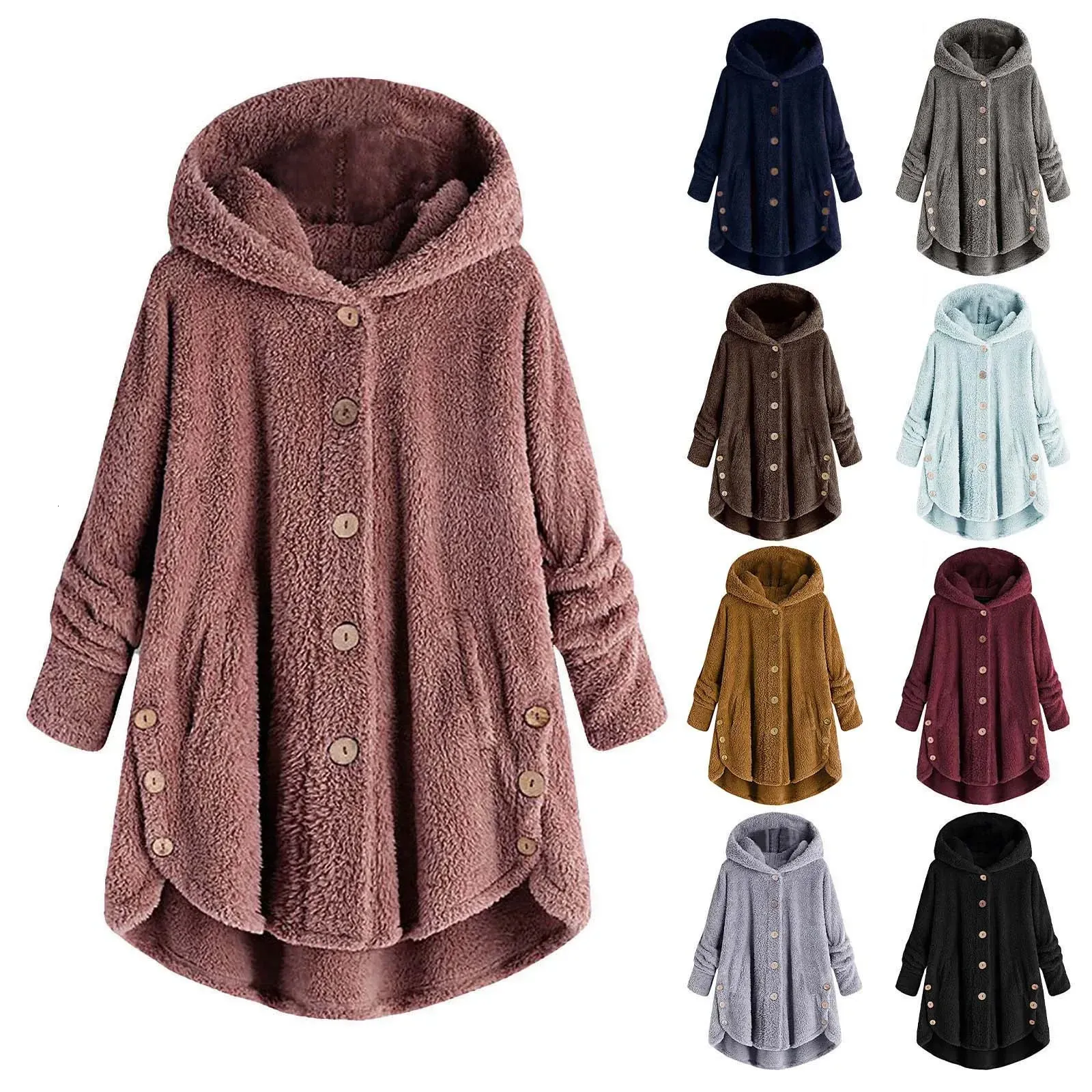Femmes vestes automne hiver manteau femmes chaud ours en peluche laine veste femme en peluche à capuche manteaux couleur unie 231218