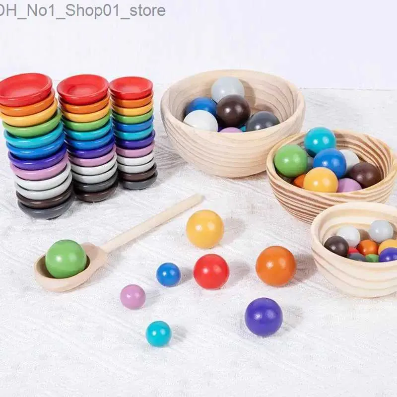 Sorting Nesting Stacking toys Kids Wooden Montessori Block Toys Color Bowls Dishes With Balls Sensory Rainbow Cups Small Plates Early Learning Gifts Q231218