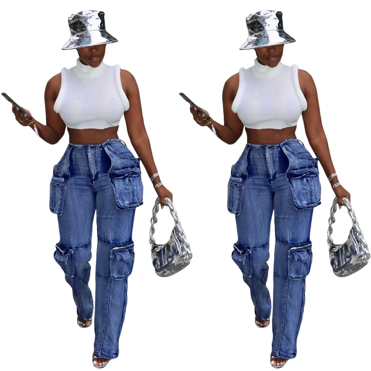 2024 Denim Pants Trousers Women Casual High Waist Pocket Cargo Pant Female Jeans Free Ship