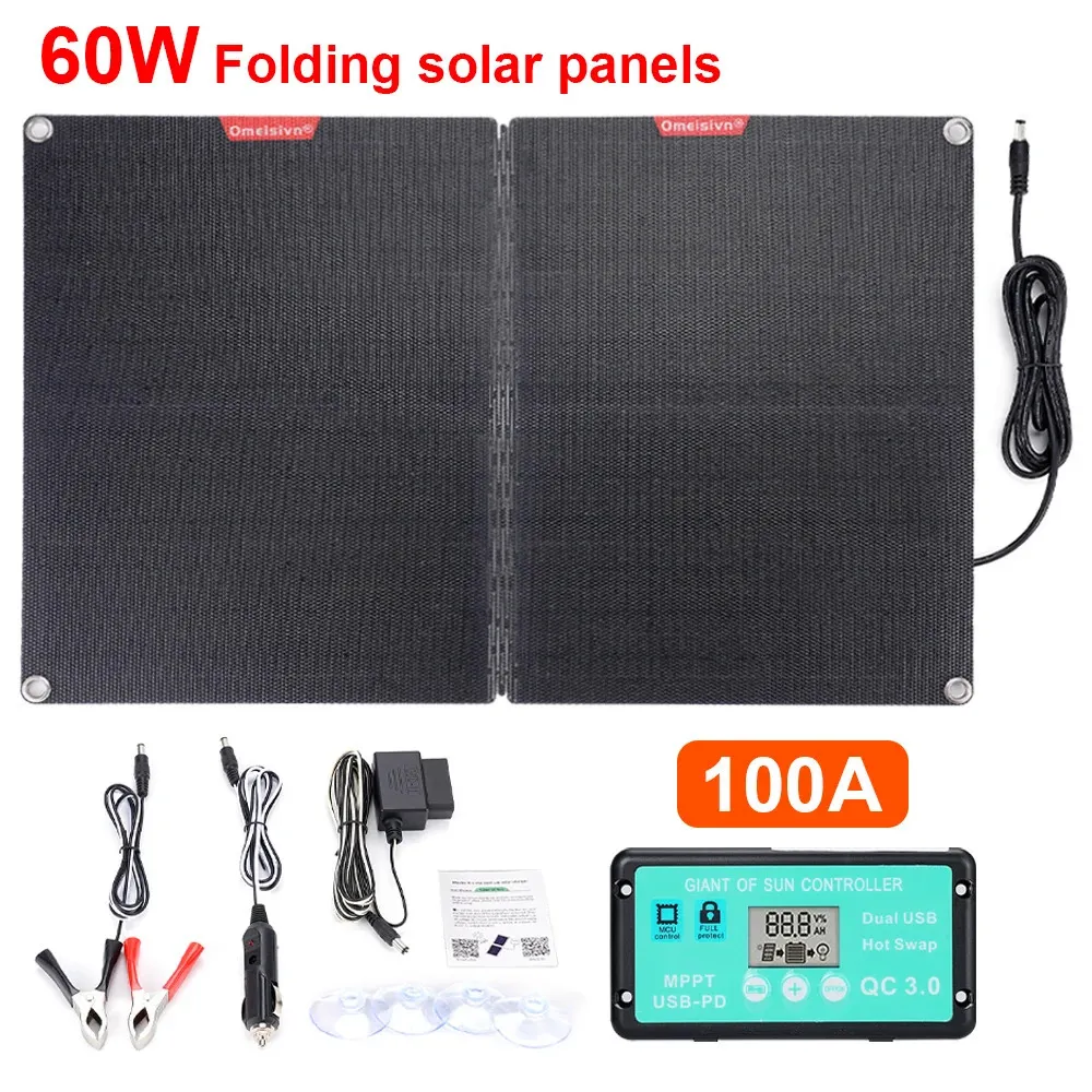 Sonnenkollektoren 60W Panel Ladegerät Kit faltbar mit MPPT Controller für Camping RV Boot Outdoor Power Batterie System 231216