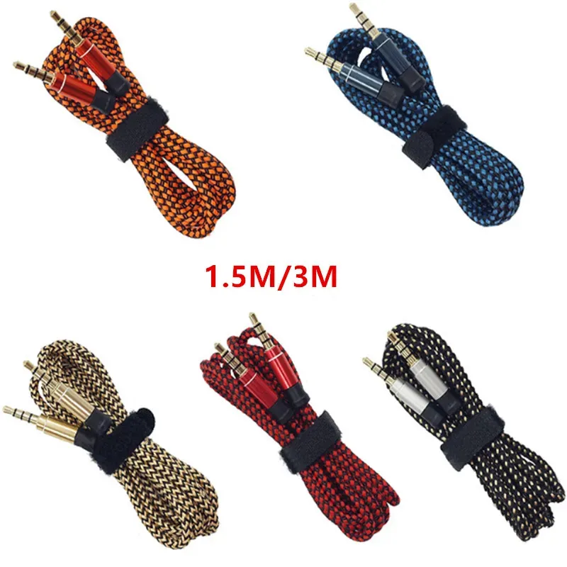 3.5mm Auxiliary AUX Extension Audio Cable Unbroken Metal Fabric braided Male Stereo cord 1.5M  for iphone Samsung MP3 Speaker Tablet PC