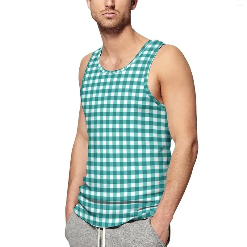 Men's Tank Tops Teal Gingham Summer Top Retro Plaid Training Mens Design Sportswear Sleeveless Shirts Big Size 4XL 5XL