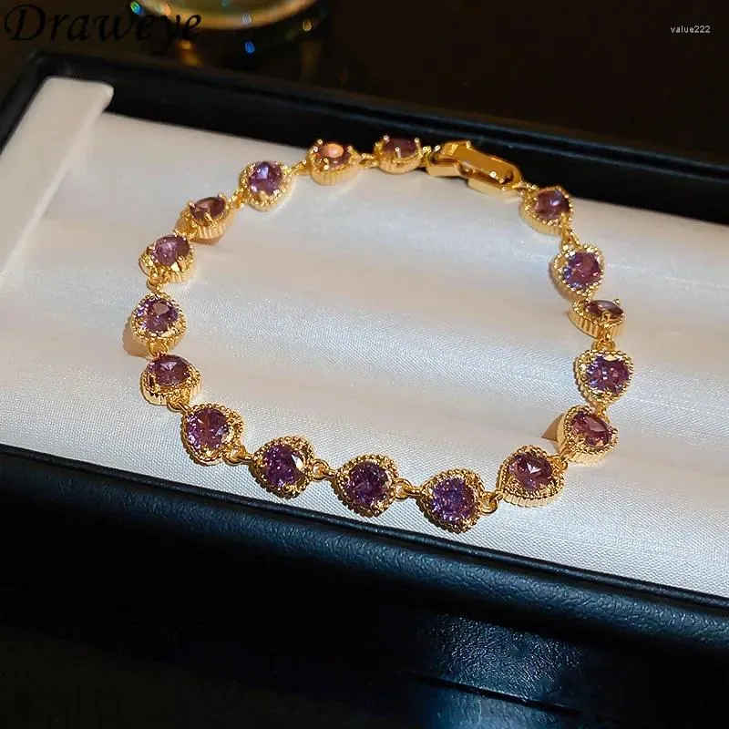 Link Bracelets Draweye Purple Zircon Bracelet For Women Korean Fashion Heart-shaped Elegant Sweet Jewelry Exquisite Vintage Pulseras Mujer