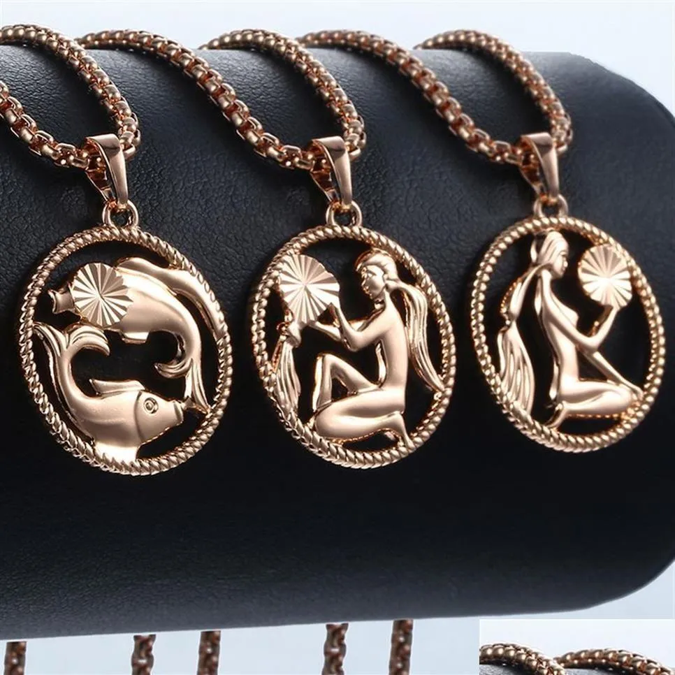 Signe du zodiaque 12 Constellation pendentif collier pour femmes hommes 585 or Rose femmes hommes chaîne cadeau bijoux de mode Gpm Dh9Fq