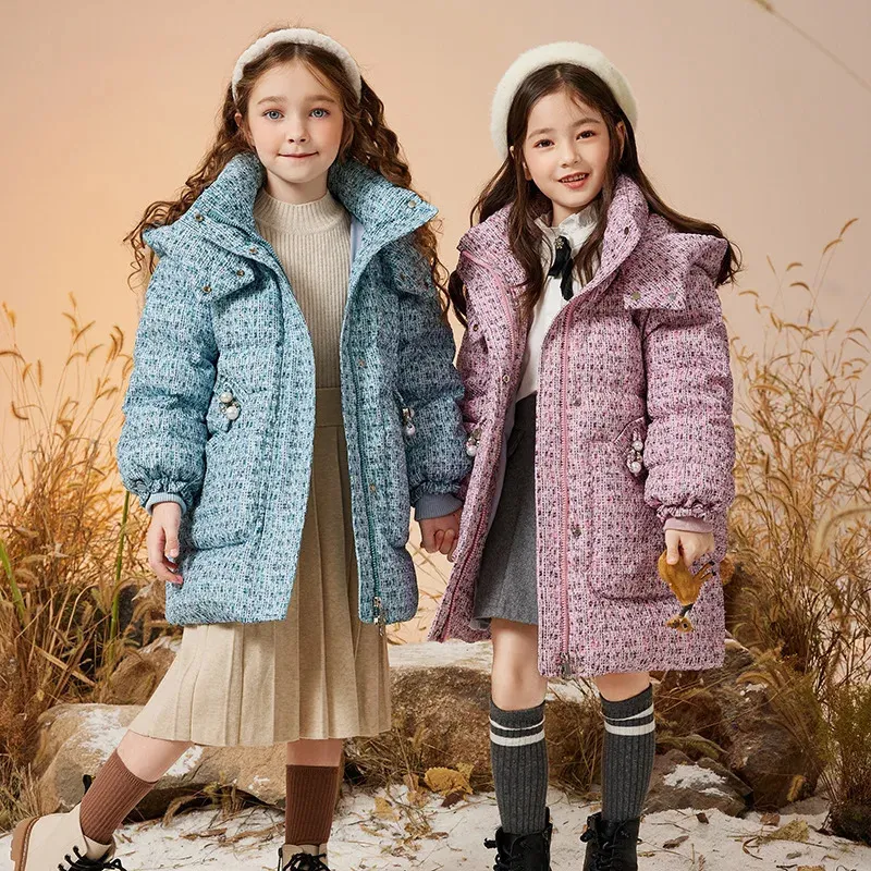 Para baixo casaco 2023 crianças inverno parka neve menina moda xadrez com capuz pato branco jaqueta crianças à prova de vento quente outwear xmp225 231218