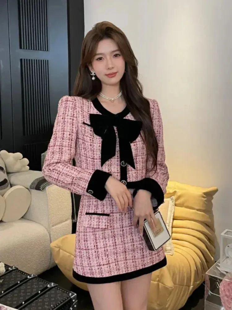 Dwuczęściowa sukienka 2023 jesień zima mały zapach tweed zestaw kobiet krótki płaszcz z płaszczem garnitury Korean 2 strój 231218