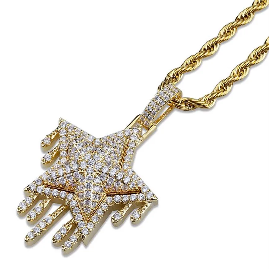 Mode - Or 18 carats et or blanc plaqué diamant complet CZ Zircon Pentagram Pendentif Collier Hip Hop Bijoux Cadeaux pour hommes et femmes 264Q