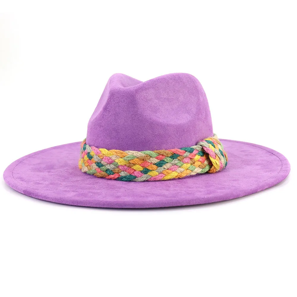 9.5cm Wide Brim Suede Top Hat for Women Colorful Bohemian Style Jazz Fedora Hats Party Wedding Church Panama Felt Cap