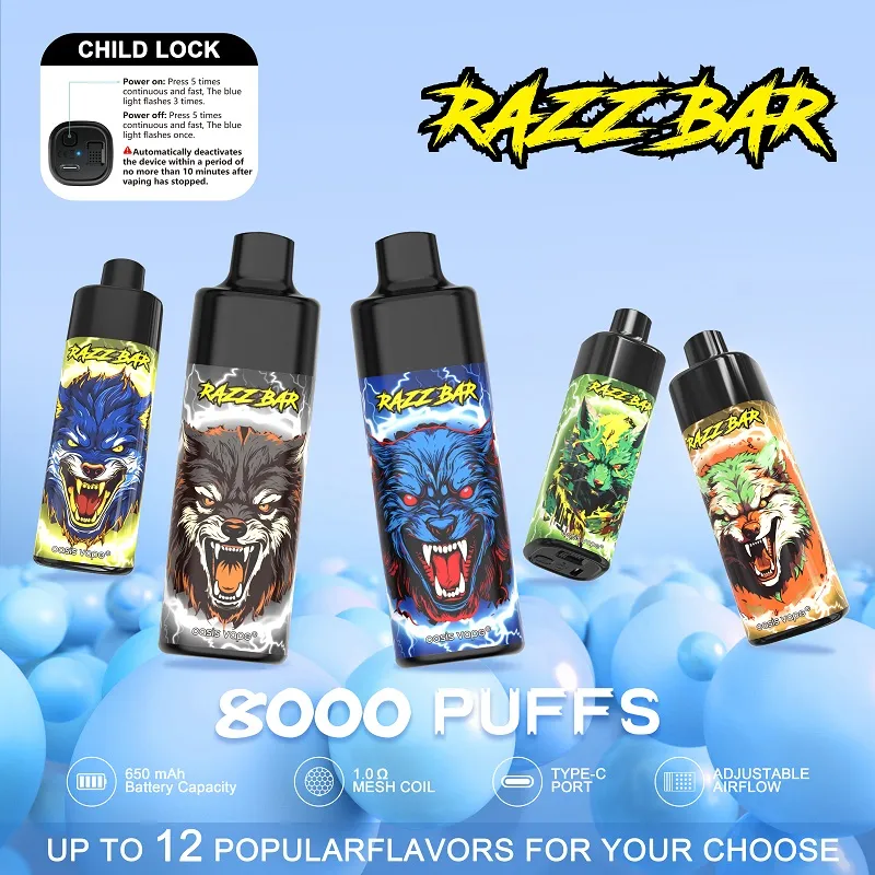 EU Warehouse Stock Original utbytbar patron Pod Mesh Coil Razz Bar 8000 Puffs Disponibla Vape E Cigaretter Barnlås 650mAh Uppladdningsbart batteri