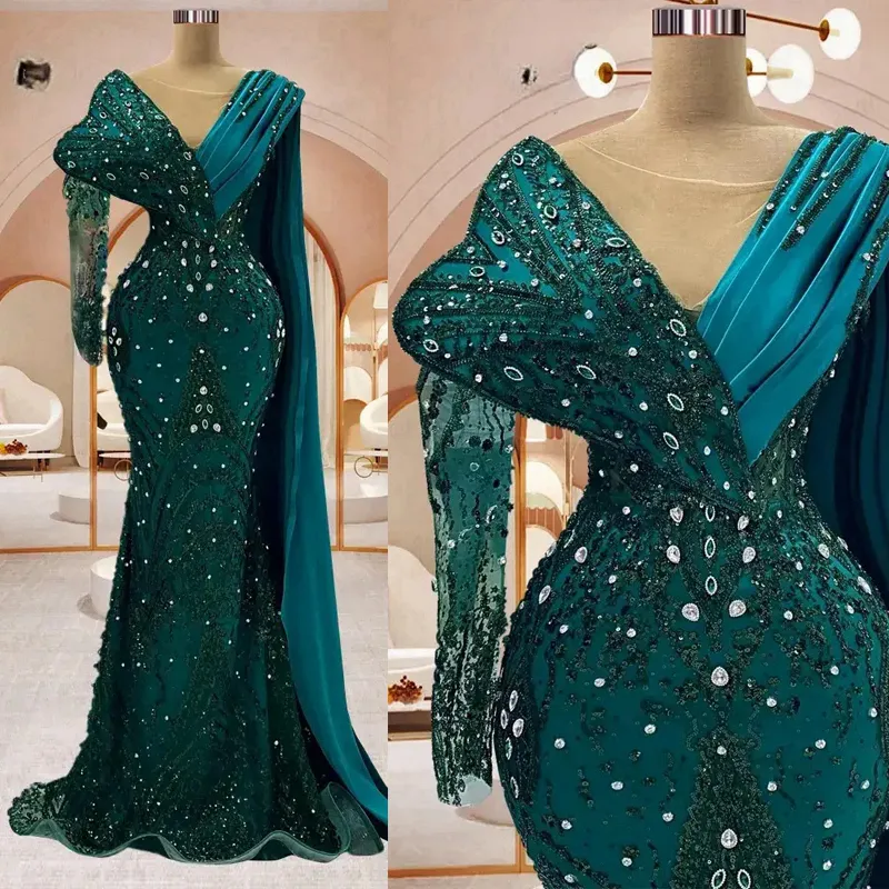 Luxurious Hunter Green Prom Dresses Long Sleeves Lace Crystals Evening Dress Elegant with Wrap Mermaid Sparkling Second Reception Birthday Party Gowns Gala NL036