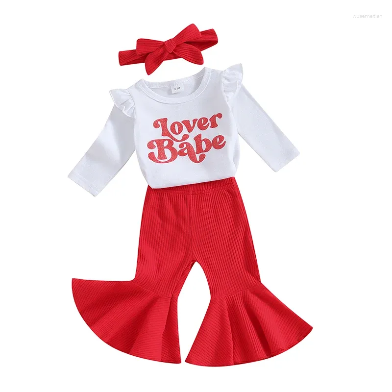 Ensembles de vêtements pour bébés filles, tenue avec lettres imprimées, barboteuse rouge, pantalon évasé, bandeau, 3 pièces, vêtements blancs à manches longues