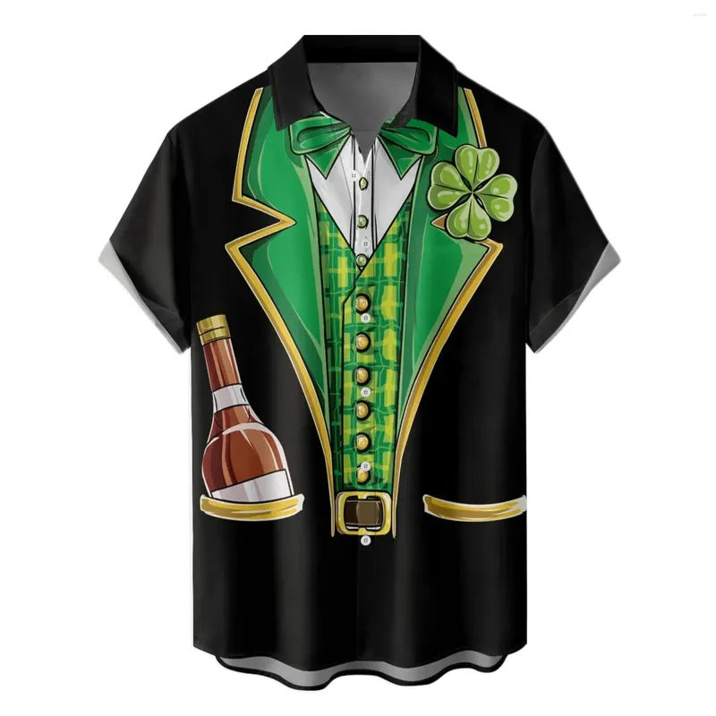 Camisas casuais masculinas masculino dia de são patrício camisa vintage irlandês shamrock impressão manga curta lapela blusa st streetwear festival wear