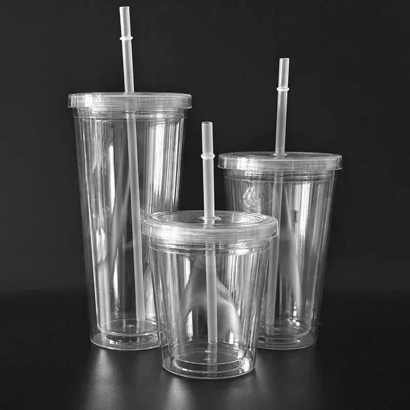 Kubki 1PCS 450 ml podwójnie ściany plastikowy kubek zimny napój mubowy kubek do kawy kubek herbaciany ze słomy wielokrotnego użytku 231218