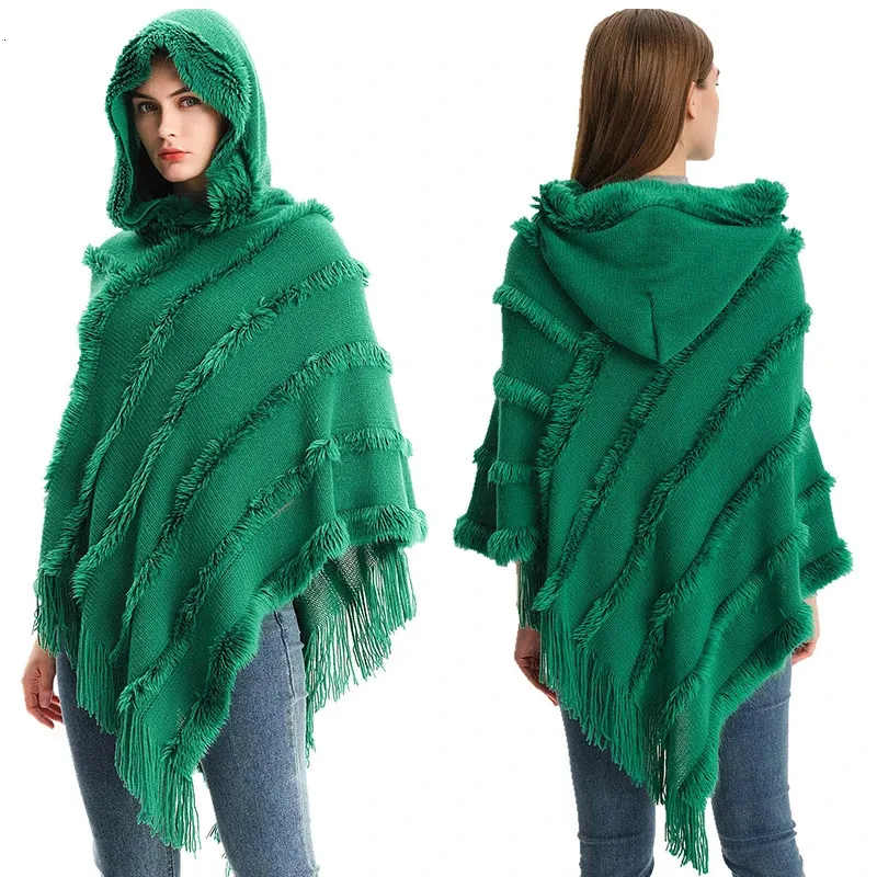 Foulards Mode Automne Hiver Cape Femmes Poncho Solide Pull À Capuchon Tricoté Pull Cape Épaissir Chaud Vert Cape 231216