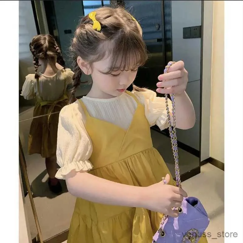 Meisjesjurken Meisjesjurk Zomer Nieuwe meisjes Koreaanse versie Fake twee effen kleur slipdress Meisjes prinsessenjurk met korte mouwen