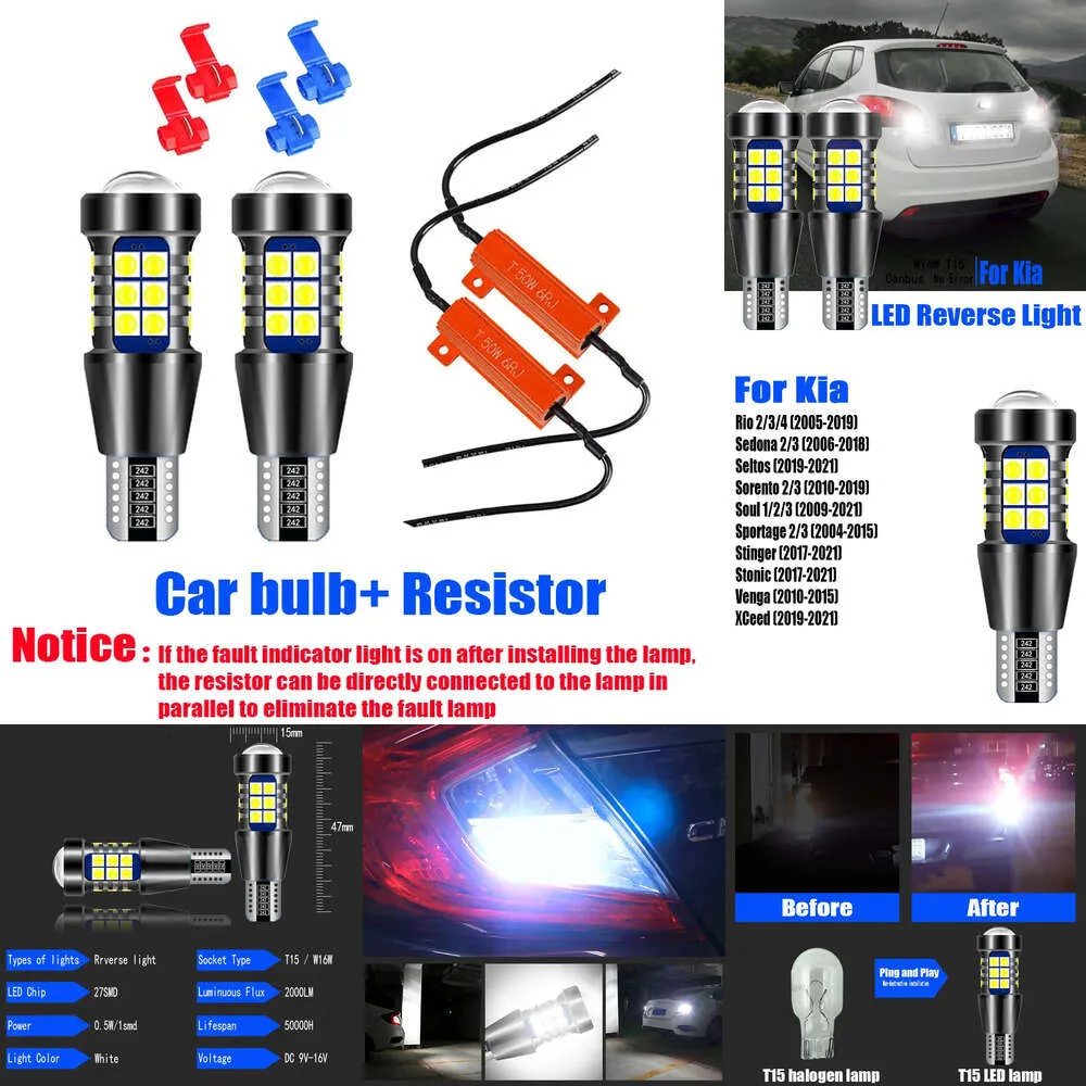 Novas luzes decorativas 2x T15 LED LED LED LUZ REVERSA LUZ W16W Lâmpada para Kia Rio 2 3 4 Sedona Seltos Sorento Soul Sportage Stinger Stonic Venga XECT