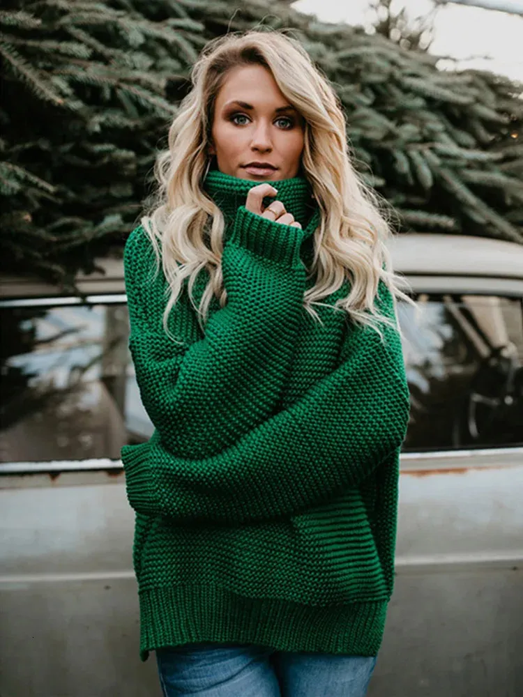 Kvinnors tröjor Kvinnor Pullover Tjock Autumn Winter Clothes Warm Sticked Overized Turtleneck tröja för Green Tops Woman Jumper 231219