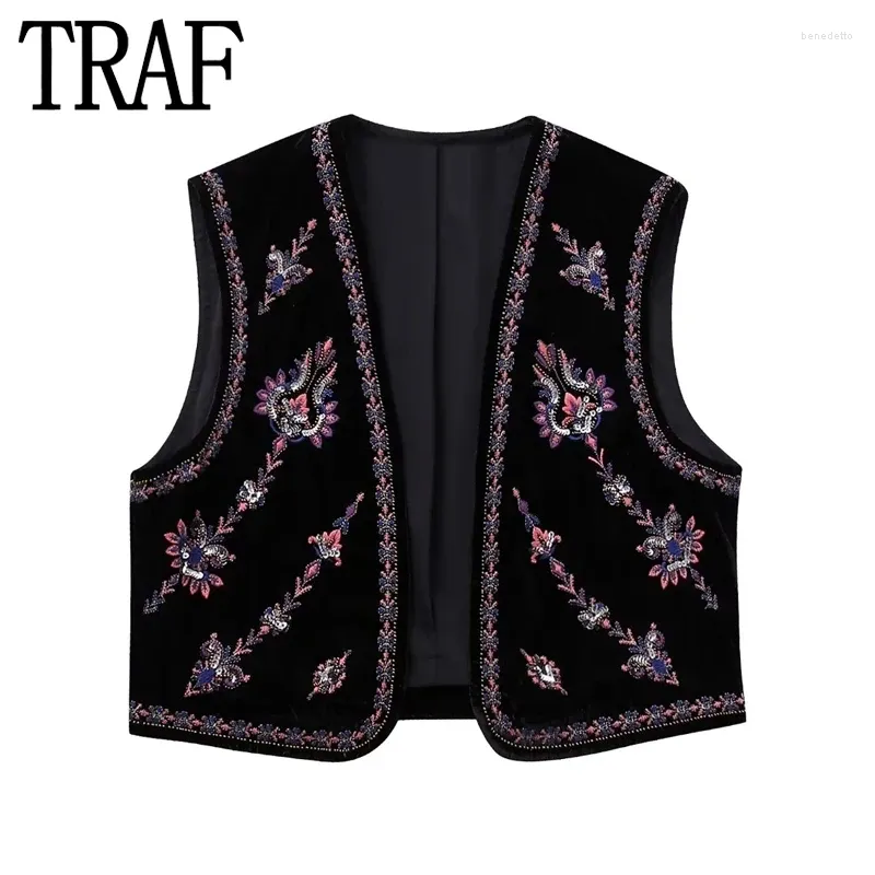 Gilets pour femmes Gilet brodé de velours pour femmes noires courtes sans manches femme recadrée veste vintage gilet automne cardigan