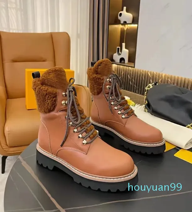 Damesschoenen Winter Wollen Laarzen Designer Schoenen Winter Grove Hak 100% Leer Flamingo's Liefde Medaille Woestijn Boot Lace Up Dame Dikke Hoge Hakken Maat