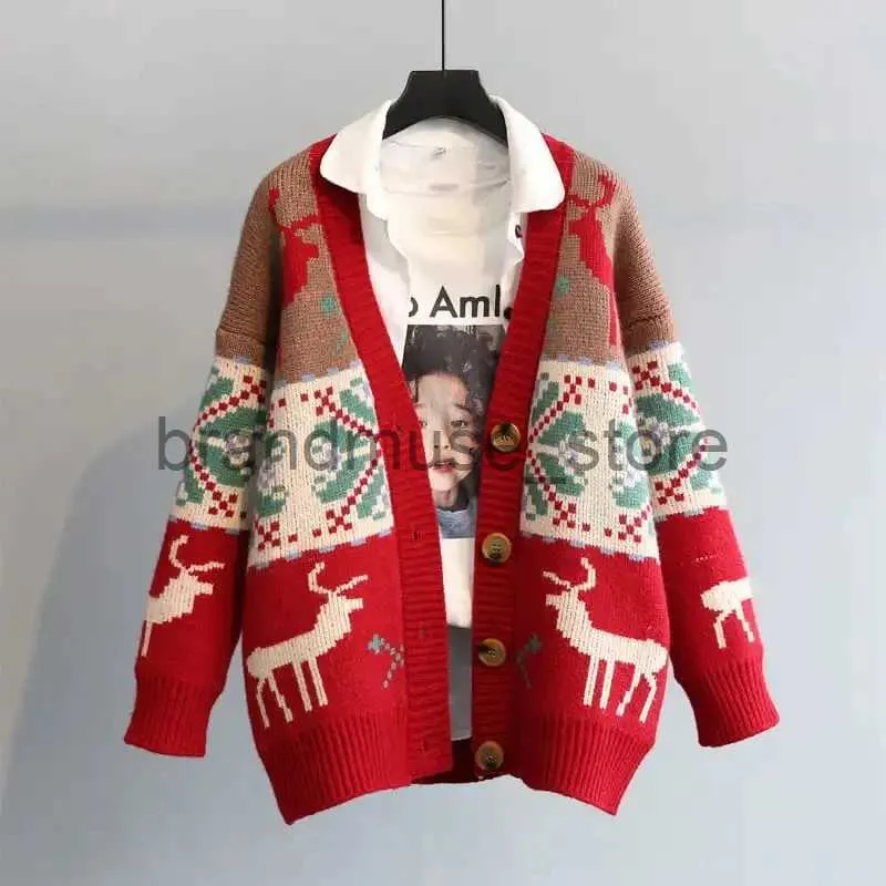 Frauenpullover Frauen Weihnachten Hirsch -Strickjacke Crop Sweater Mantel Red Strick 2023 Neue koreanische Kleidung Lose Neujahr Retro -Pullover für WOM J231219