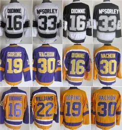 Man Vintage Hockey 30 Rogatien Vachon Jersey Retro 33 Marty McSorley 22 Tiger Williams 19 Butch Goring 16 Marcel Dionne Classic CCM Retire Black White Yellow Purple