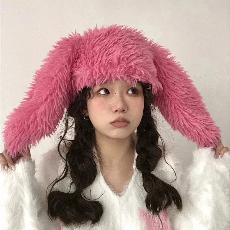 Cappelli da cacciatore Simpatiche orecchie di coniglio dalle orecchie lunghe Dolce Kawaii Lolita Pelliccia di peluche Protezione per le orecchie Donna Inverno caldo berretto ispessito Bomber 231219