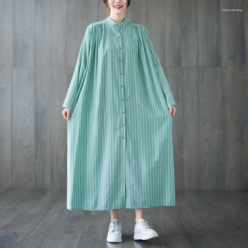 Casual Jurken 2023 Japanse Korea Stijl Stand Kraag Gestreepte Losse Lange Herfst Blouse Jurk Street Fashion Vrouwen Lente Shirts