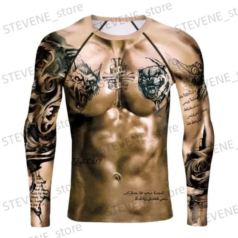 T-shirt da uomo 2022 Camicia lunga da uomo 3D Muscle Top Nude Tattoo Stampato Muscolo del torace Divertente Fitness T Lunga Primavera Estate O-Collo Stretto 5XL T231219