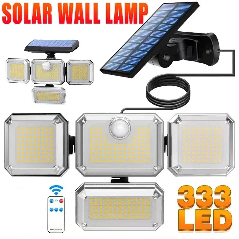 138/198/333 LUZES DE SOLAR LED LUZES DE MOVIMENTO DE MOVIMENTO DE MOVIMENTO DE LED Indução humana 4 Cabeça ajustável IP65 Lâmpada de parede de energia solar à prova d'água