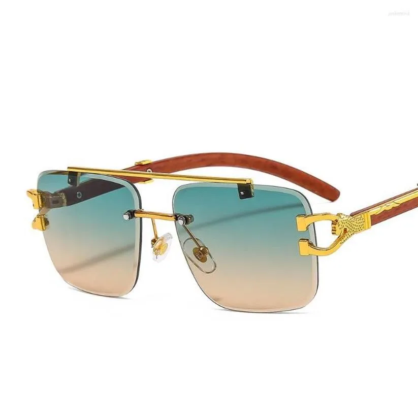 Óculos de sol Grão de madeira sem aro quadrado mulheres designer ouro leão decoração óculos de sol homens tons uv400 gafas268z