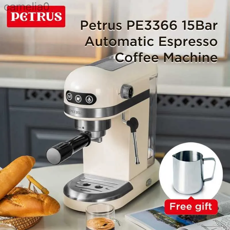 커피 메이커 Petrus Espresso Coffee Maker 소형 커피 머신 15 Bar 1230W와 함께 거품 밀크 거품 자동 2 컵 샷 터치 컨트롤 231219